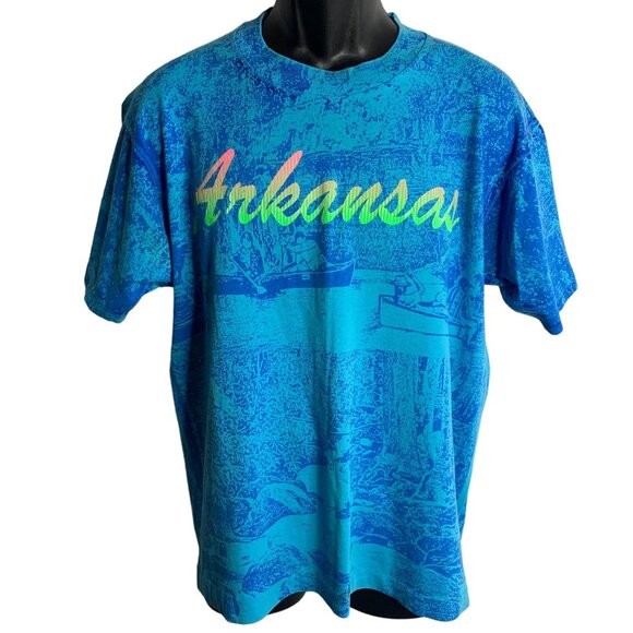 Vintage 90s All Over Print Arkansas T Shirt L Blue Crewneck Single Stitch River - Picture 1 of 6